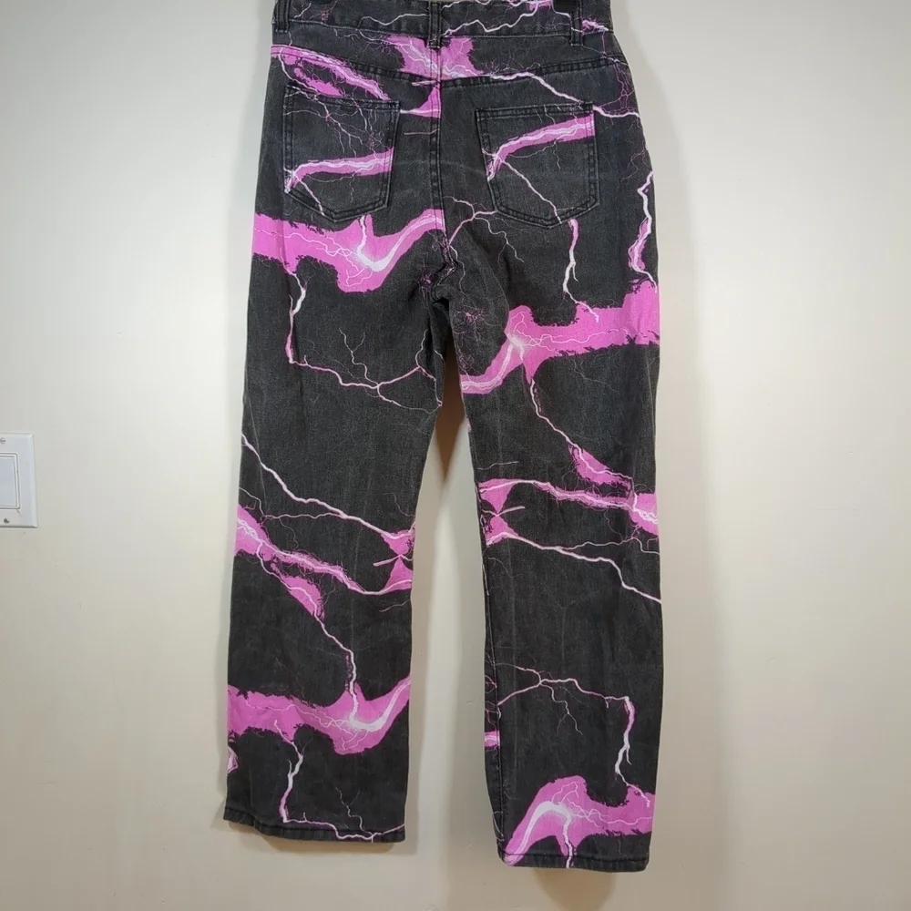 Lighting print women's wide leg black and pink jeans, size L